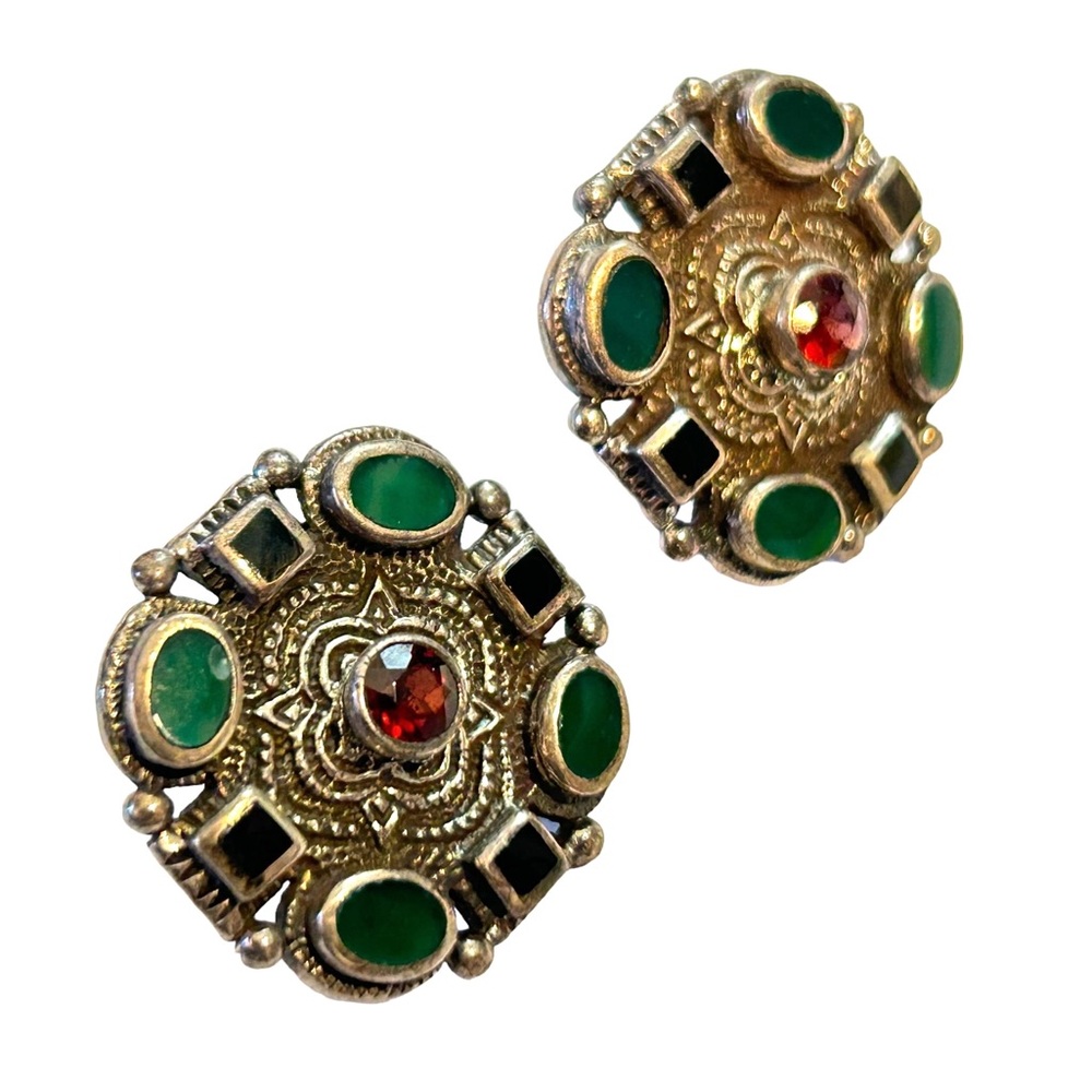 NF CHAPAL ZENRAY Sterling Silver 925 Black Green Red Stone Clip Earrings 1"